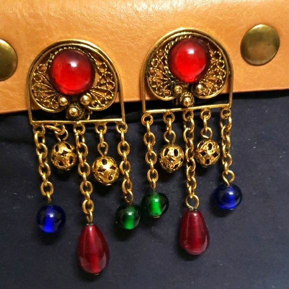 Antique Long Pretty Blue, Red, Green Cabochon Drop Dangle Beaded Earrings Matte. - Picture 1 of 8